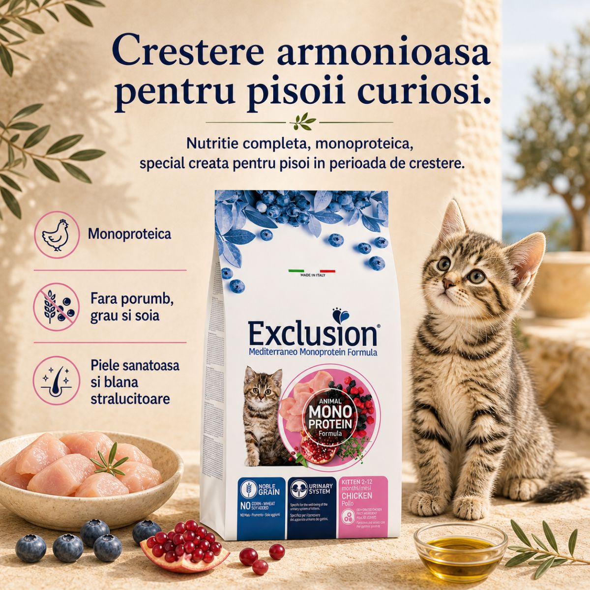EXCLUSION Mediterraneo Monoprotein Formula Kitten, Pui, hrană uscată monoproteică pisici junior, 12kg